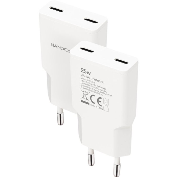 Nanocable Cargador de Pared 2xUSB-C PD 25W Blanco